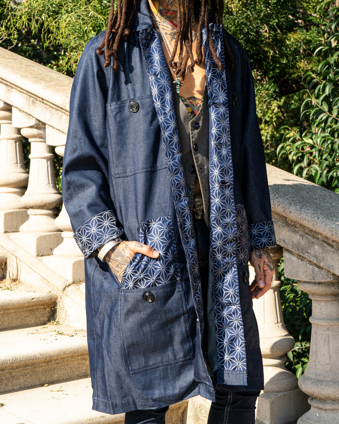 Uramasari Denim Worker Long Coat - Blue Asanoha Lining
