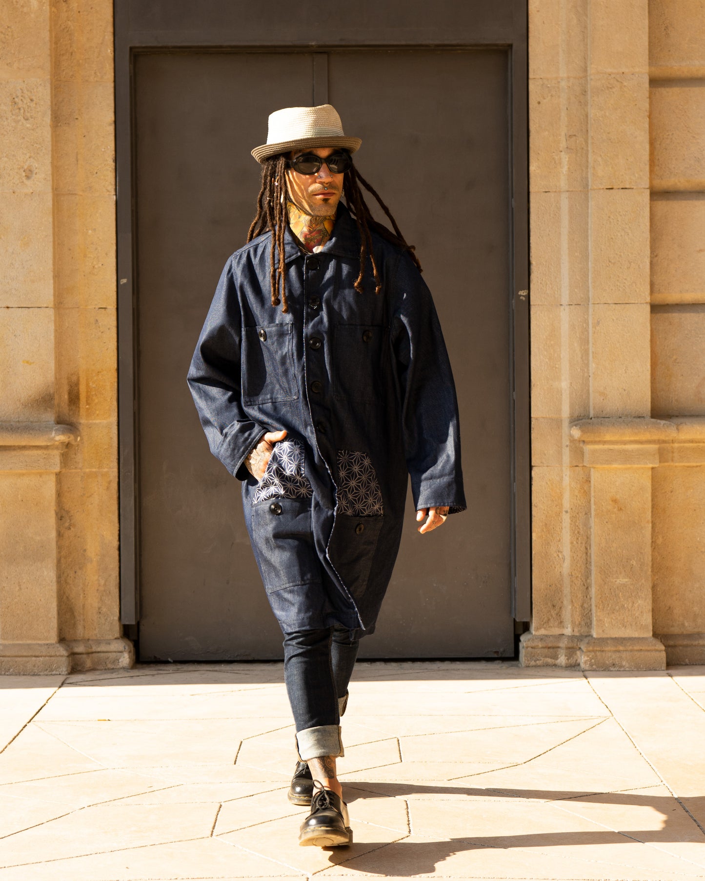 Uramasari Denim Worker Long Coat - Blue Asanoha Lining