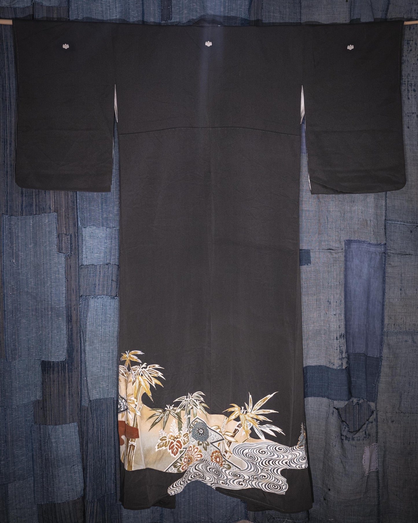 KUROTOMESODE Kimono - Bamboo and Chrysanthemum Motif