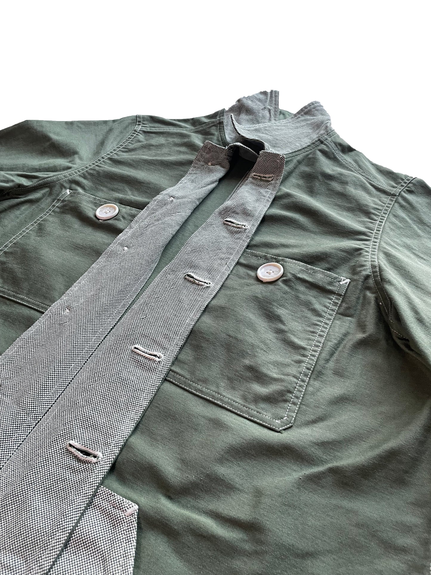 Uramasari Worker Long Coat – GREEN Twill / Monochrome Grid Accent