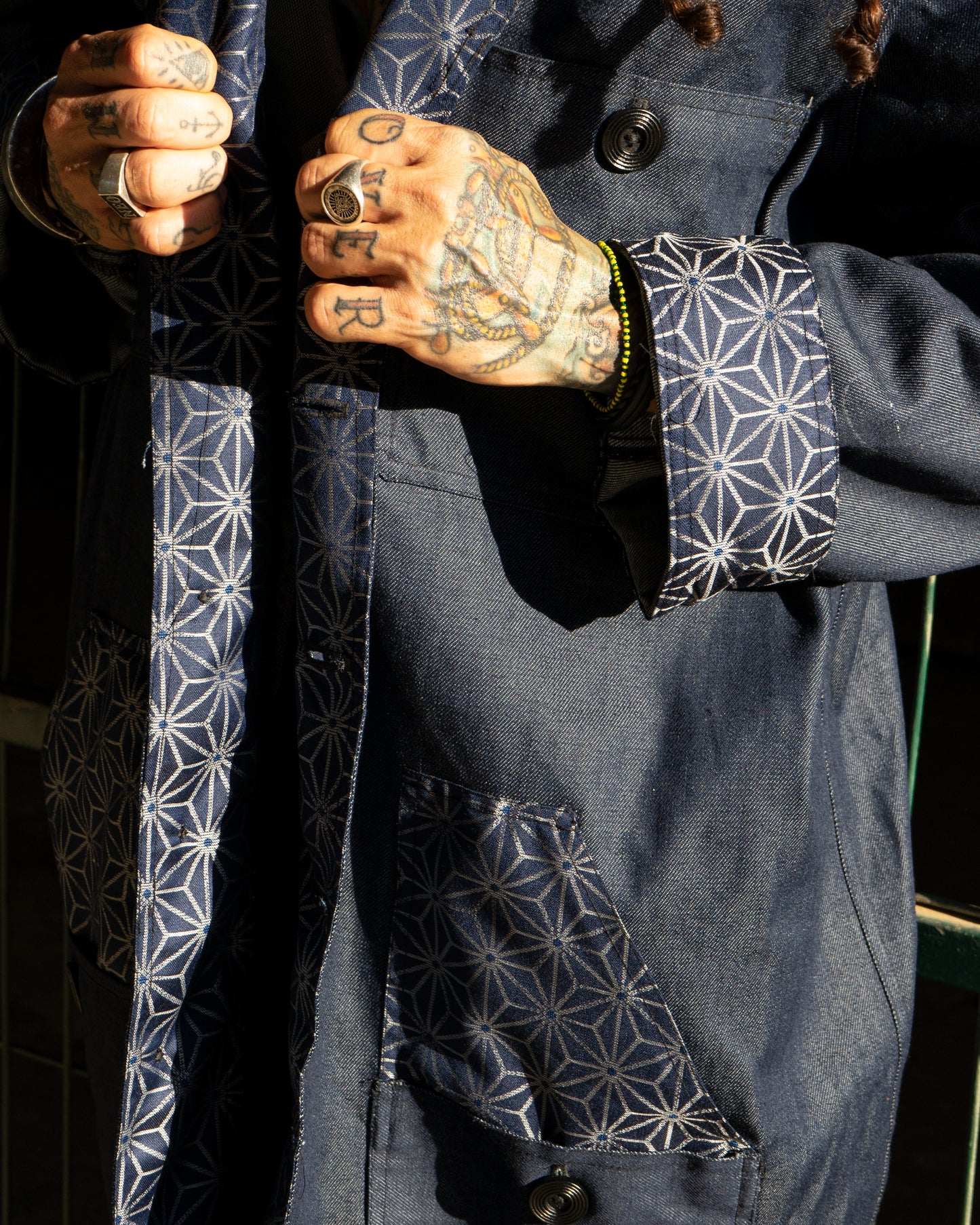Uramasari Denim Worker Long Coat -  Blue Asanoha Lining