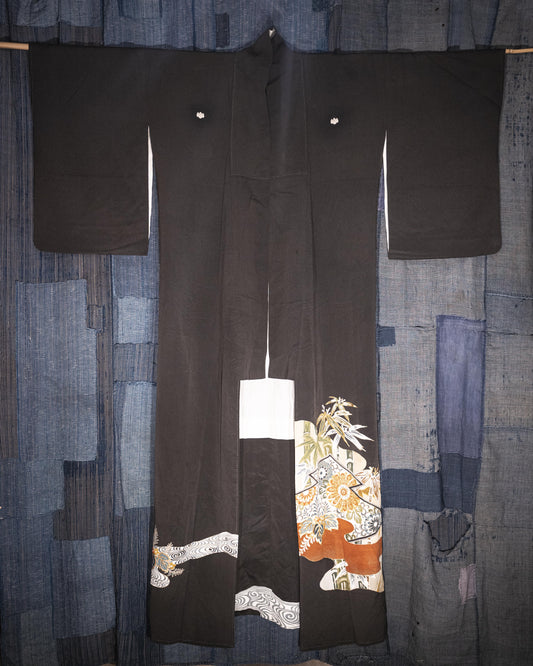 KUROTOMESODE Kimono - Bamboo and Chrysanthemum Motif