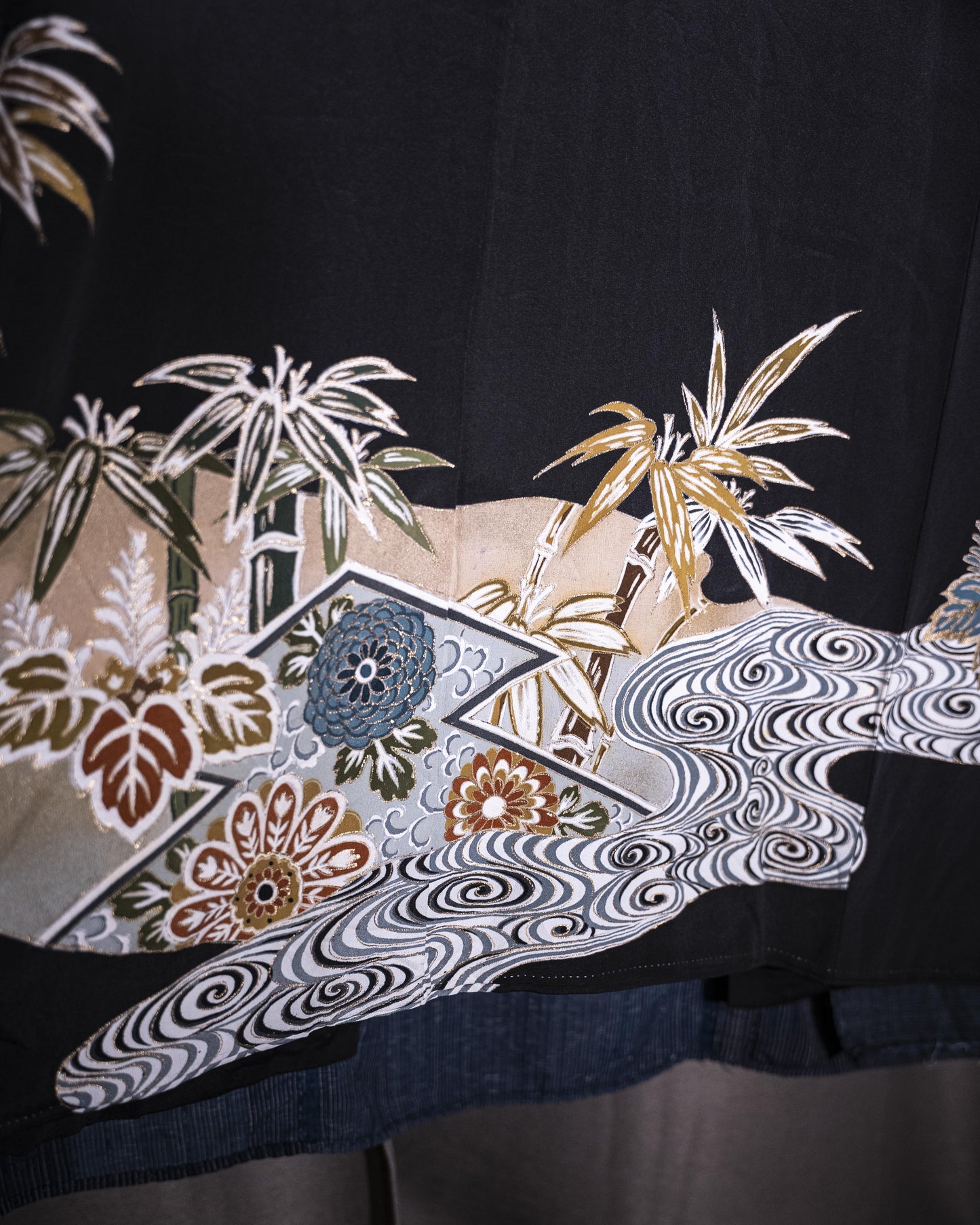 KUROTOMESODE Kimono - Bamboo and Chrysanthemum Motif
