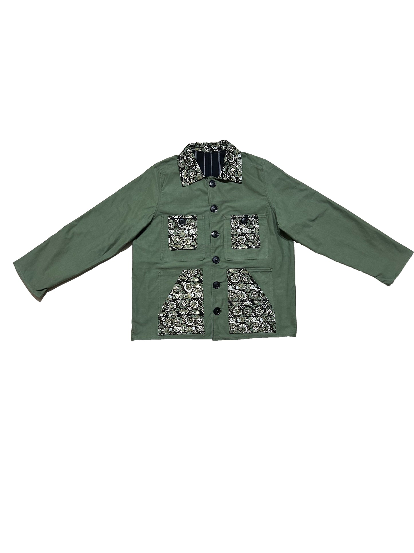 Uramasari Worker Jacket - EURO KHAKI Twill Floral Crest Kimono Lining