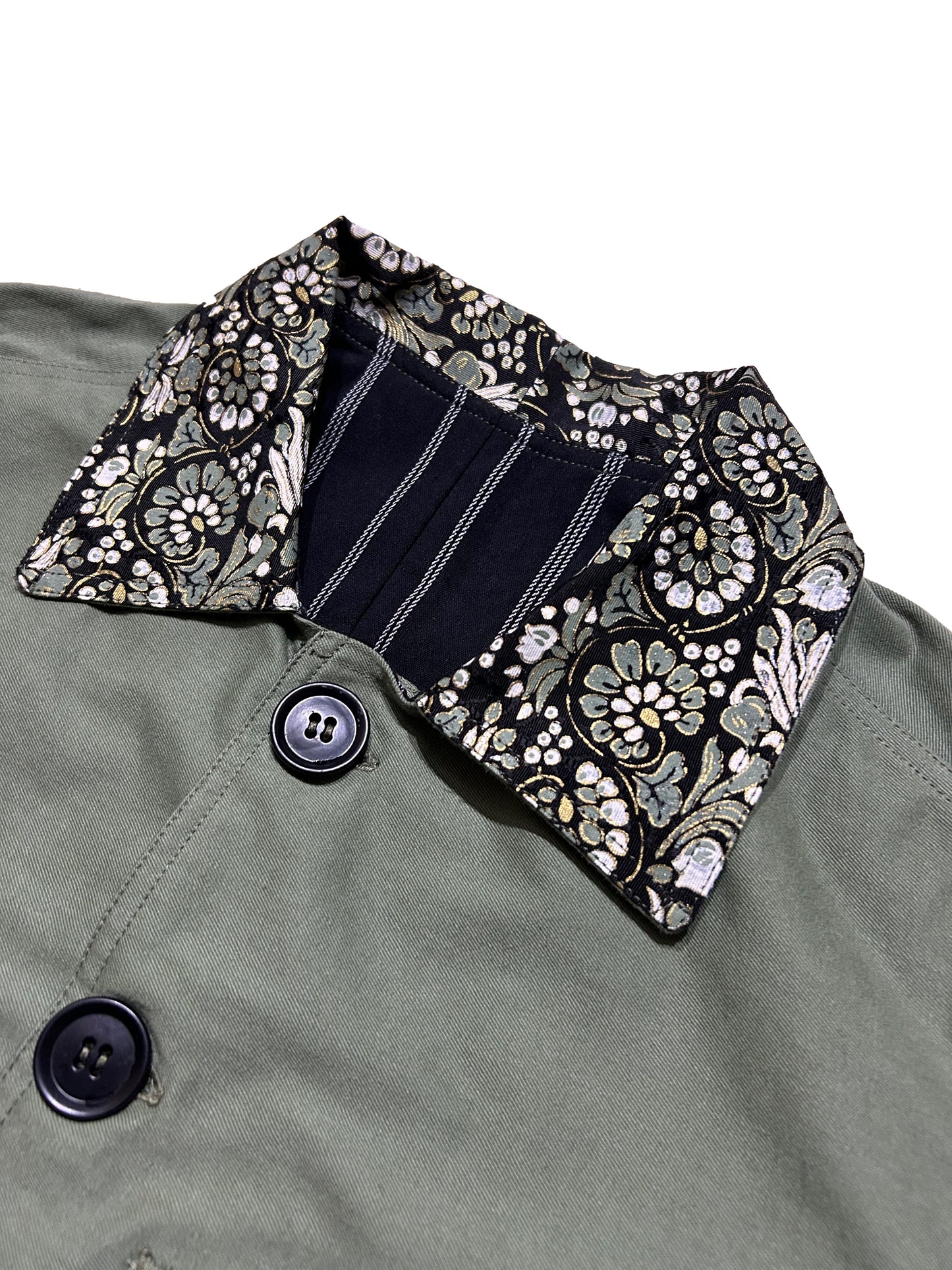 Uramasari Worker Jacket - EURO KHAKI Twill Floral Crest Kimono Lining