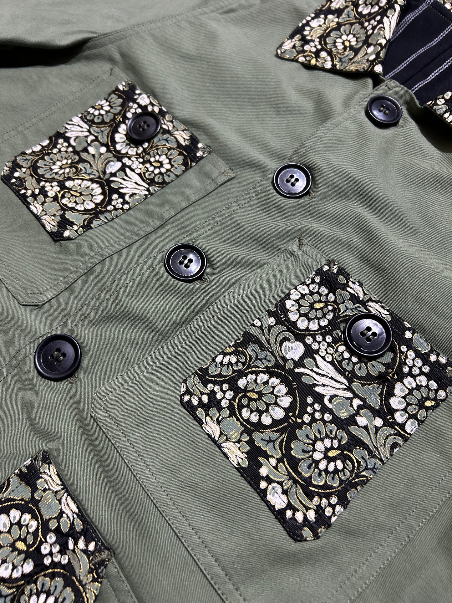 Uramasari Worker Jacket - EURO KHAKI Twill Floral Crest Kimono Lining