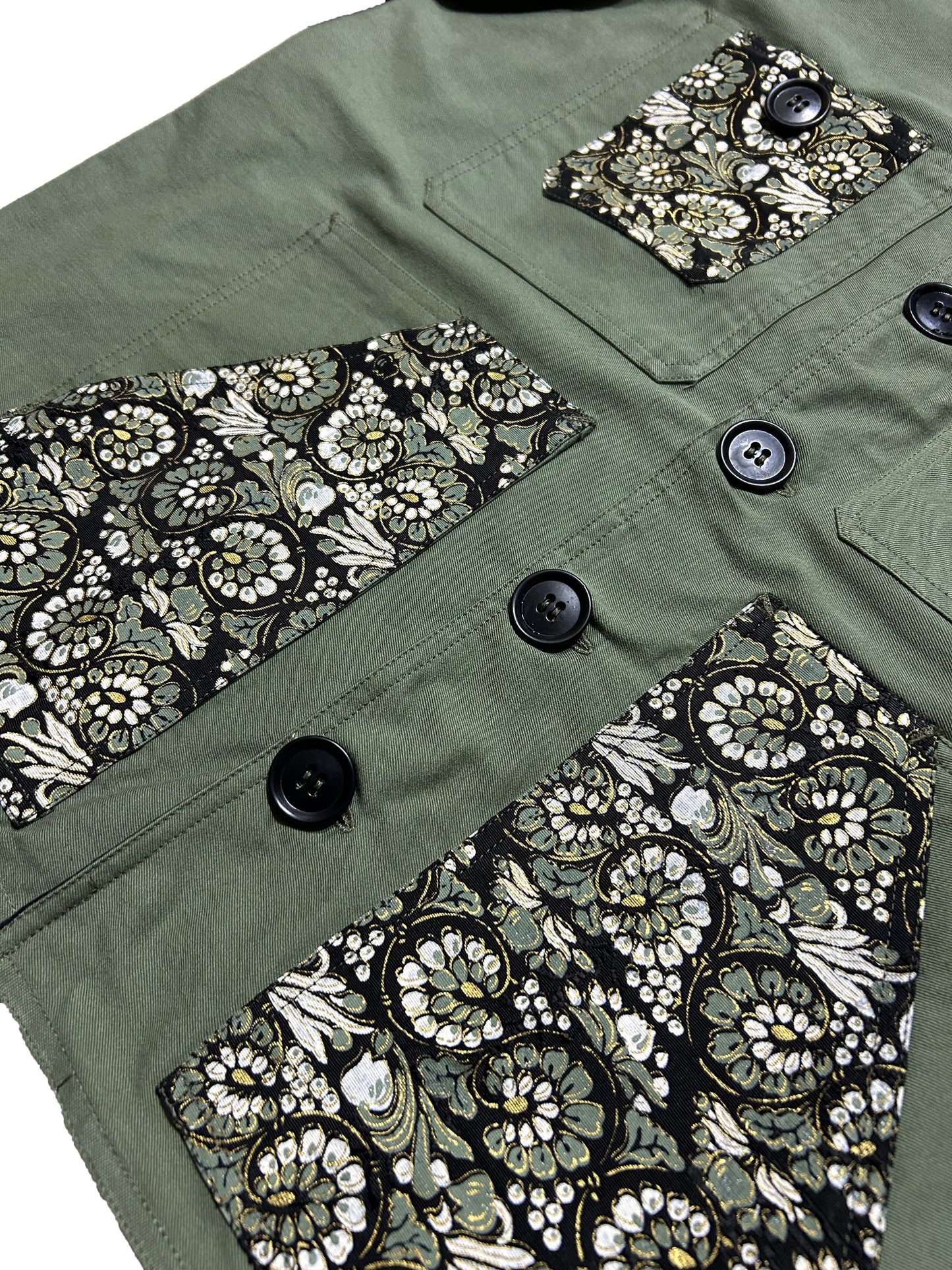 Uramasari Worker Jacket - EURO KHAKI Twill Floral Crest Kimono Lining