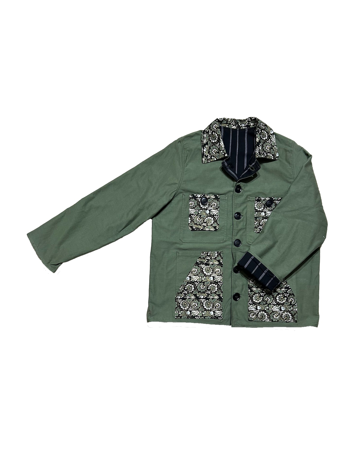 Uramasari Worker Jacket - EURO KHAKI Twill Floral Crest Kimono Lining