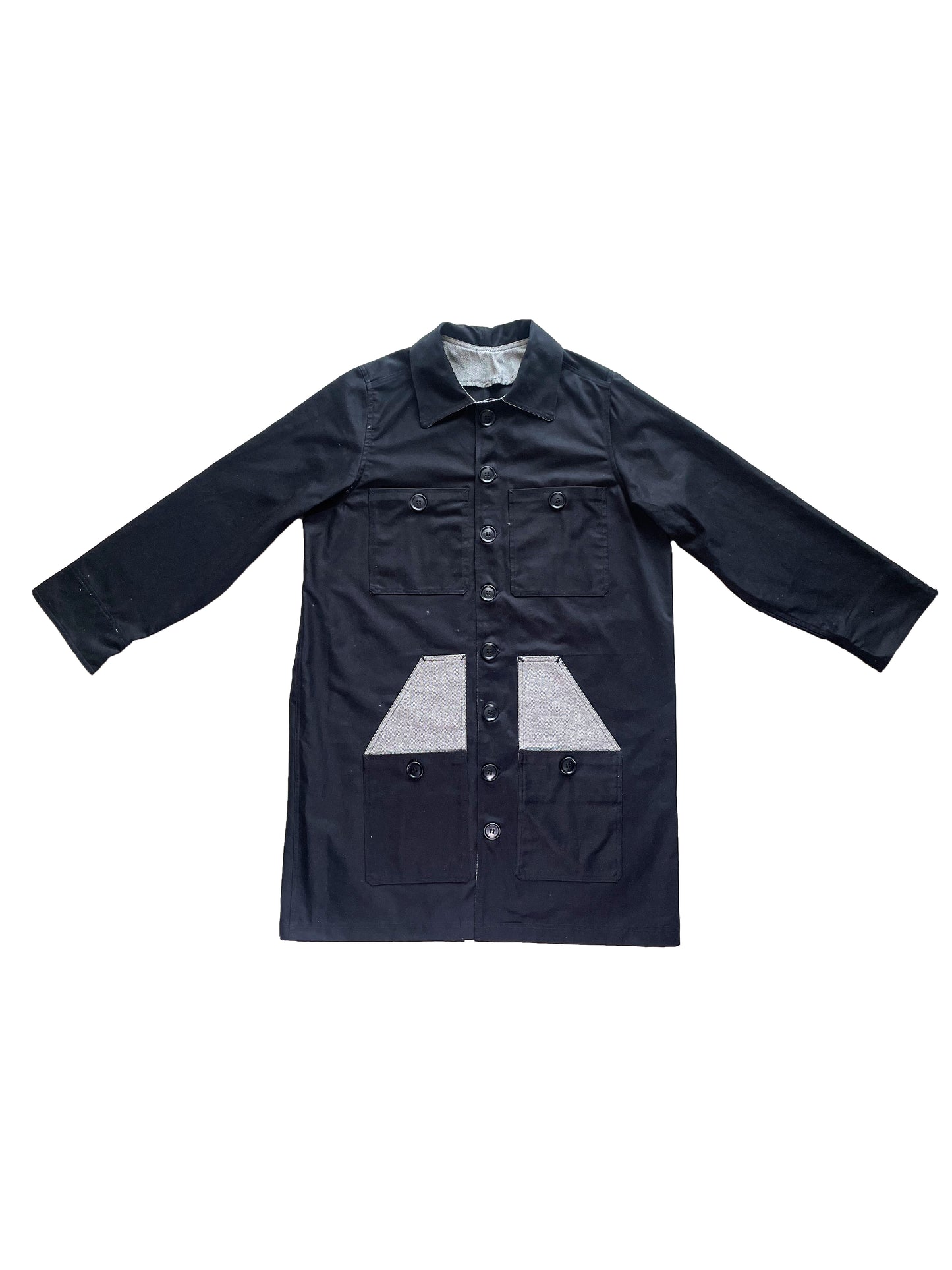 Uramasari Worker Long Coat – BLACK Twill / Monochrome Grid Accent