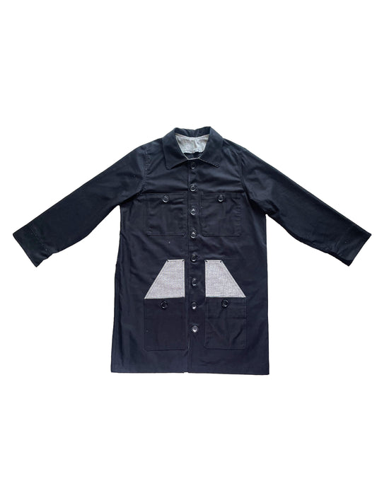 Uramasari Worker Long Coat – BLACK Twill / Monochrome Grid Accent