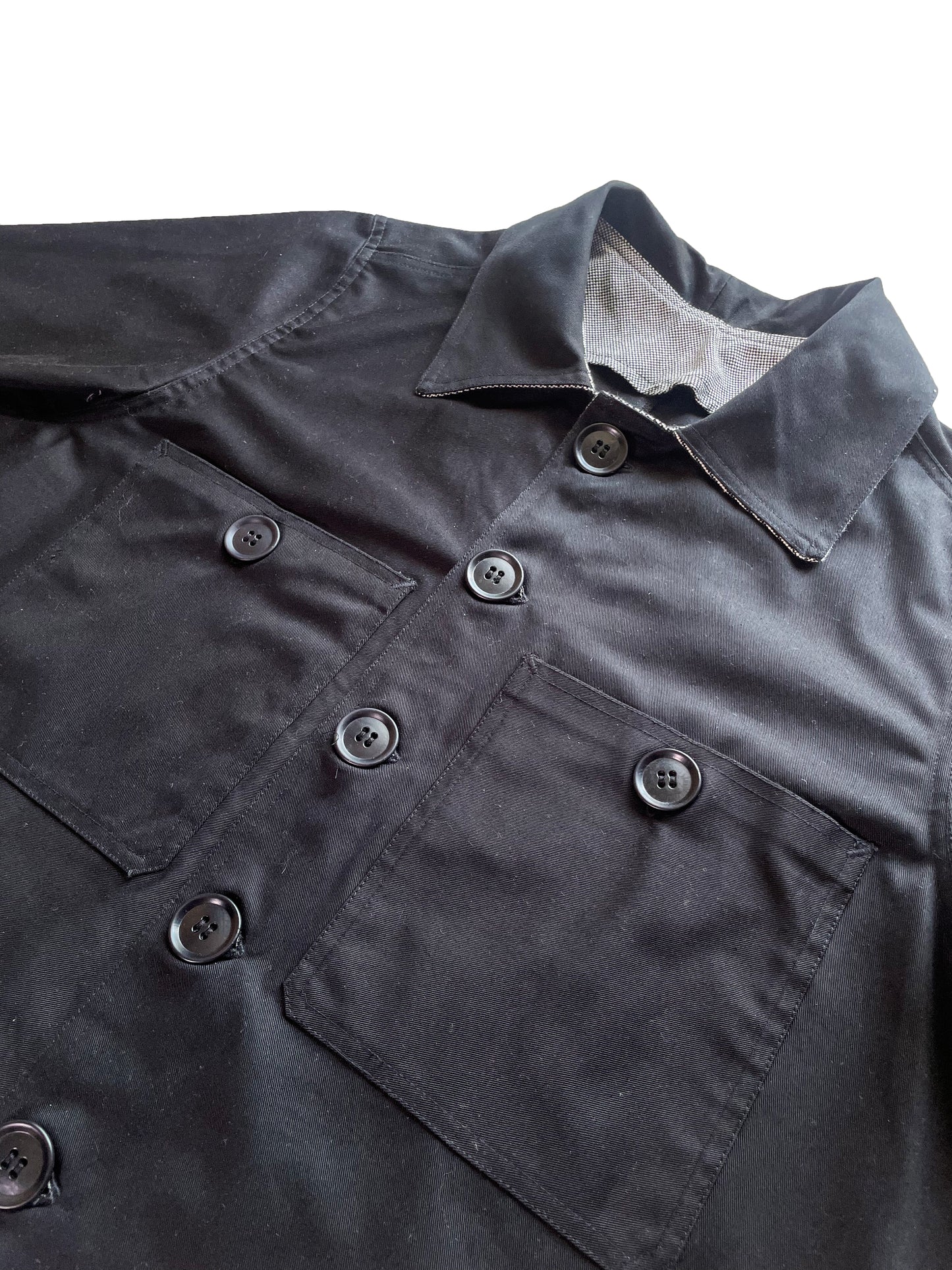 Uramasari Worker Long Coat – BLACK Twill / Monochrome Grid Accent