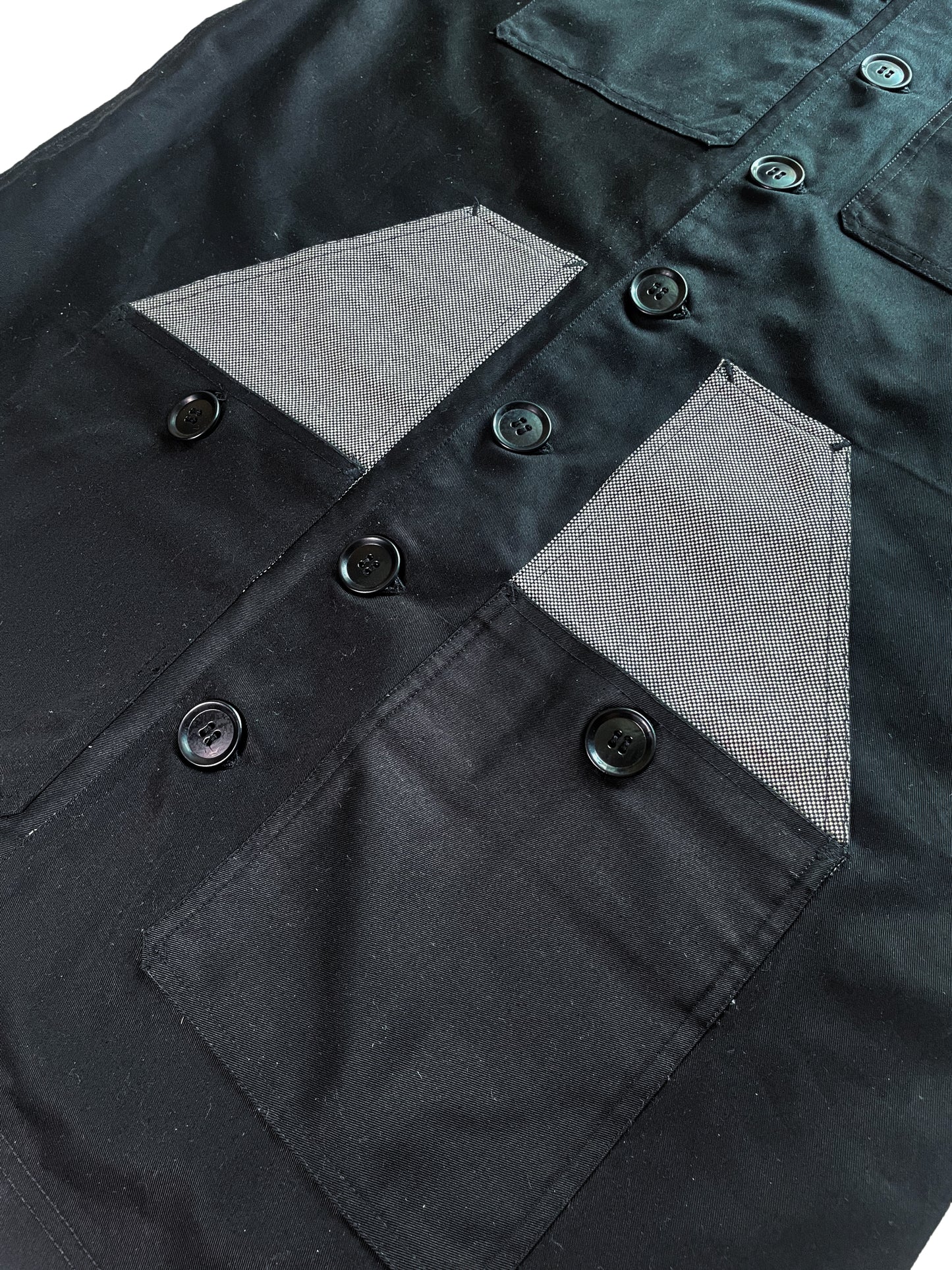 Uramasari Worker Long Coat – BLACK Twill / Monochrome Grid Accent