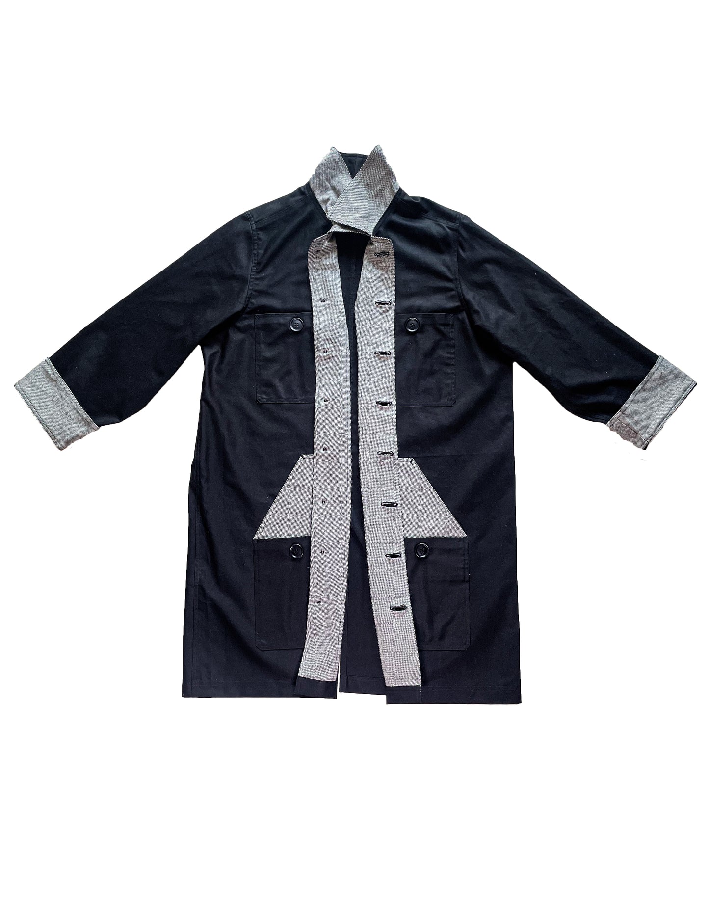 Uramasari Worker Long Coat – BLACK Twill / Monochrome Grid Accent