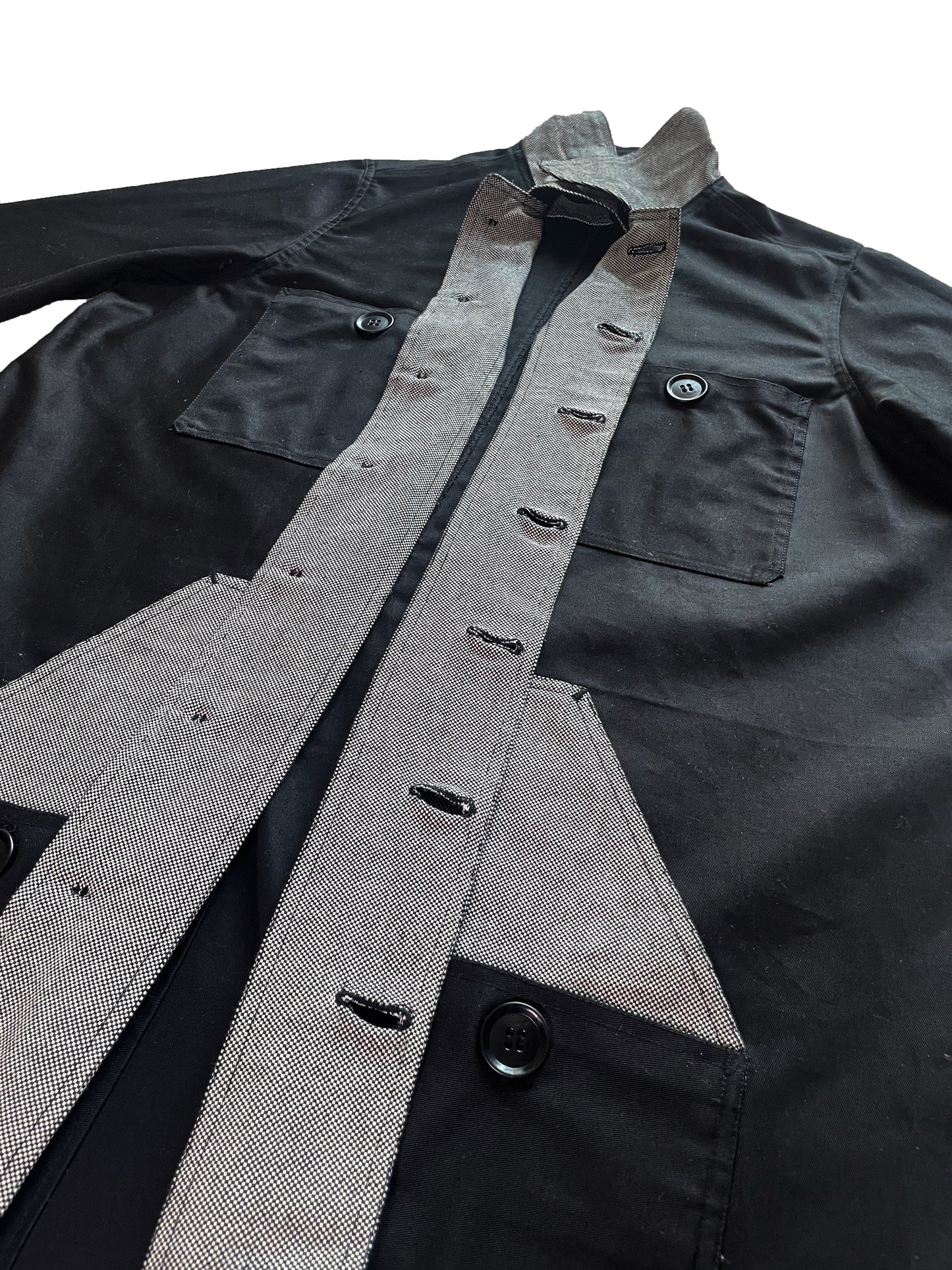Uramasari Worker Long Coat – BLACK Twill / Monochrome Grid Accent