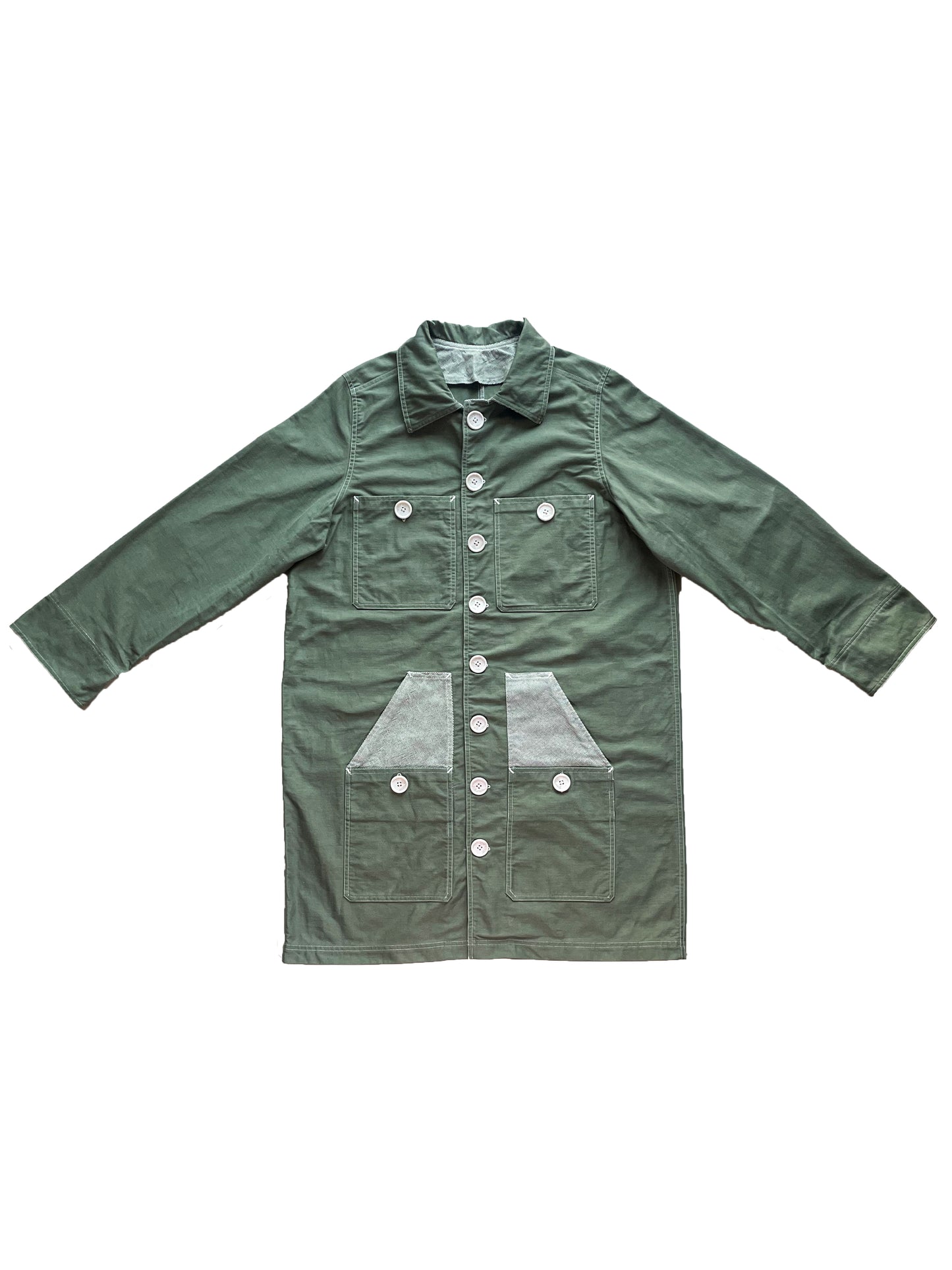 Uramasari Worker Long Coat – GREEN Twill / Monochrome Grid Accent