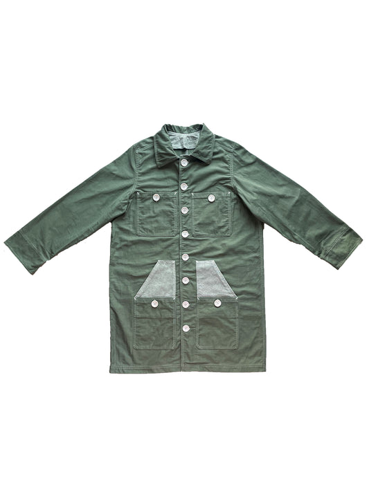 Uramasari Worker Long Coat – GREEN Twill / Monochrome Grid Accent