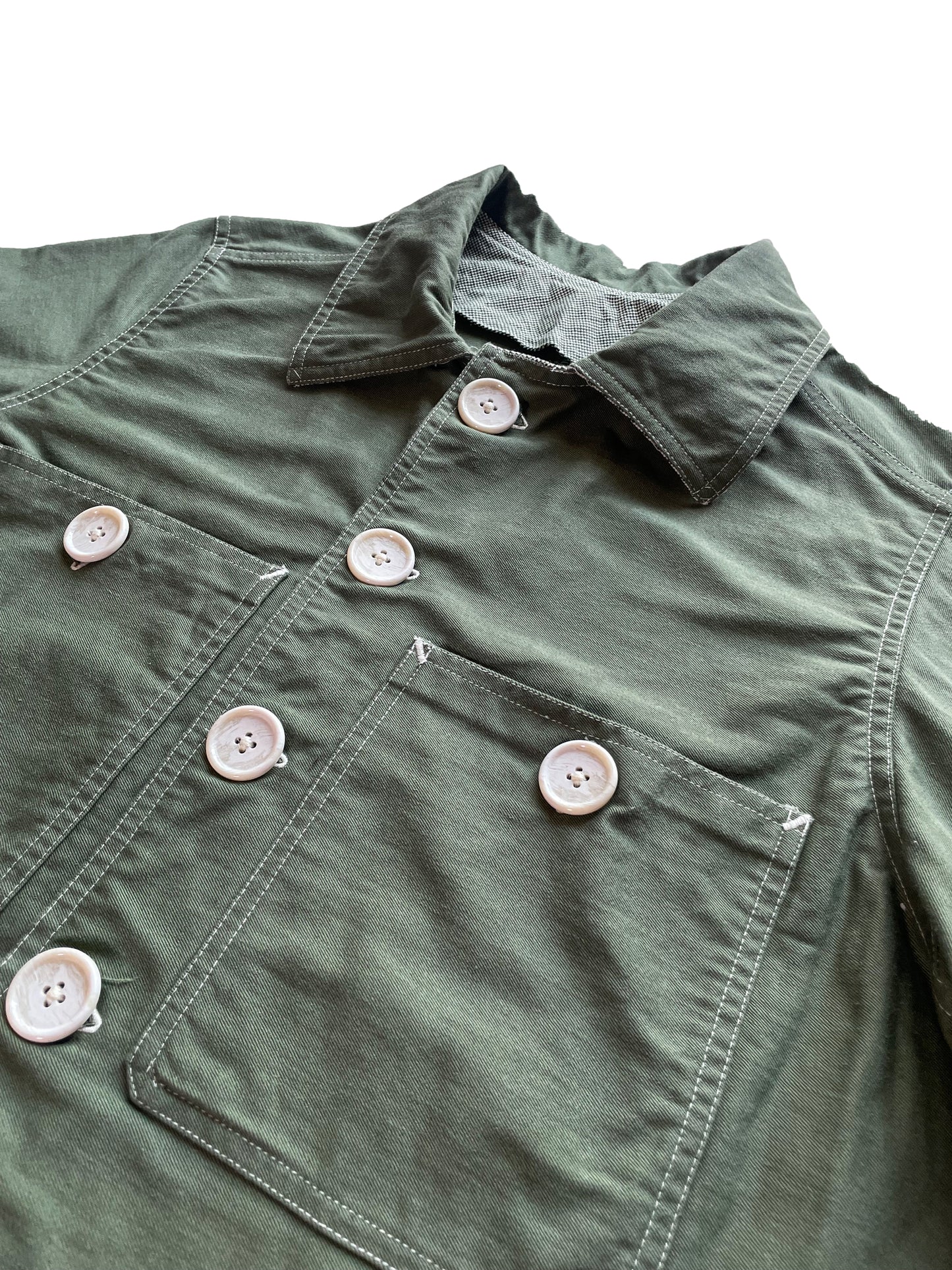 Uramasari Worker Long Coat – GREEN Twill / Monochrome Grid Accent