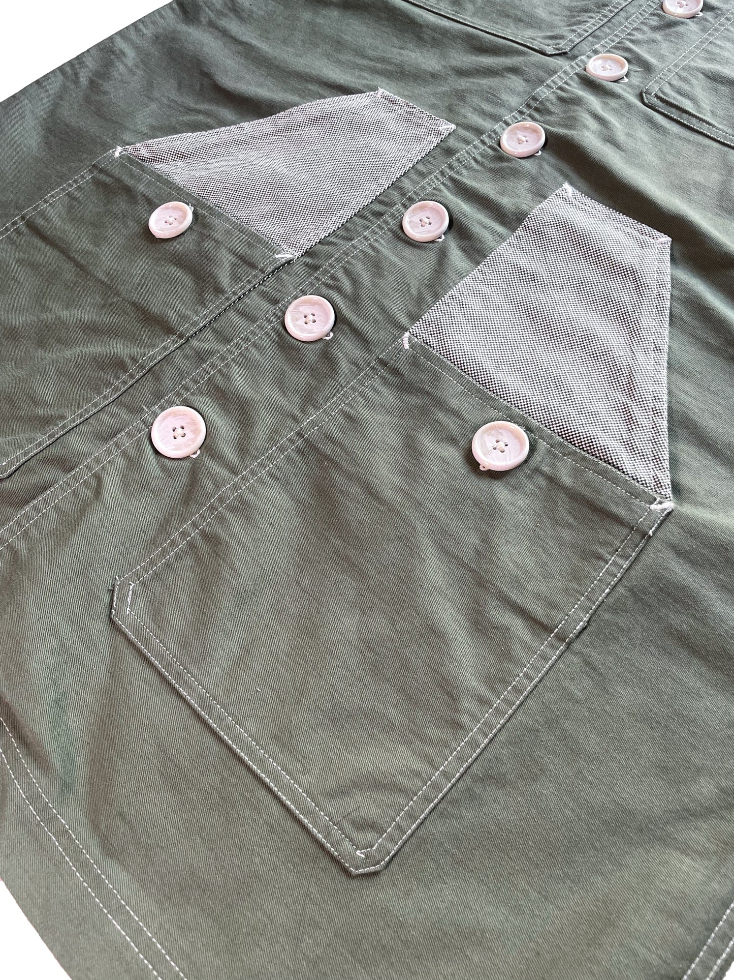 Uramasari Worker Long Coat – GREEN Twill / Monochrome Grid Accent