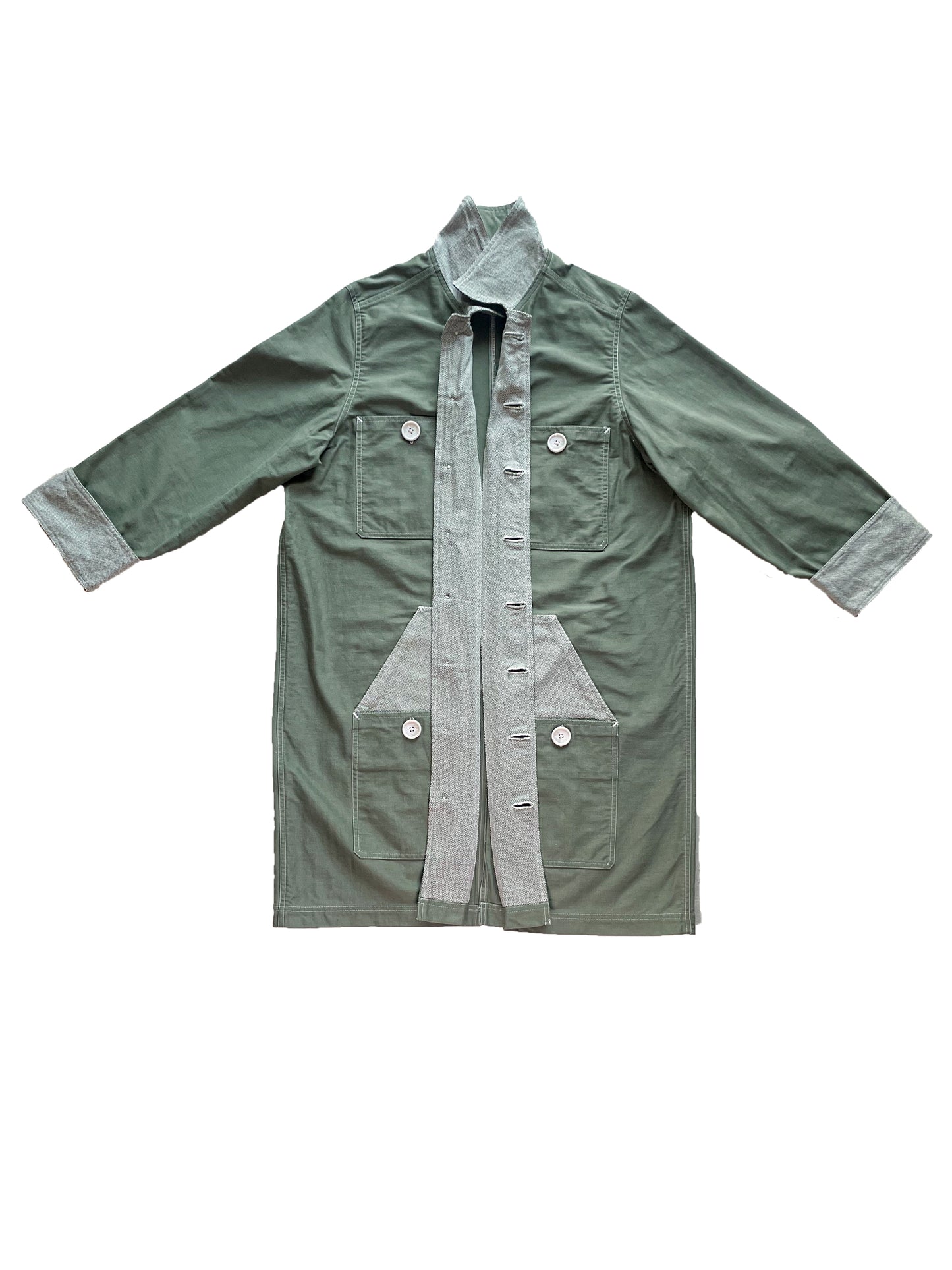 Uramasari Worker Long Coat – GREEN Twill / Monochrome Grid Accent