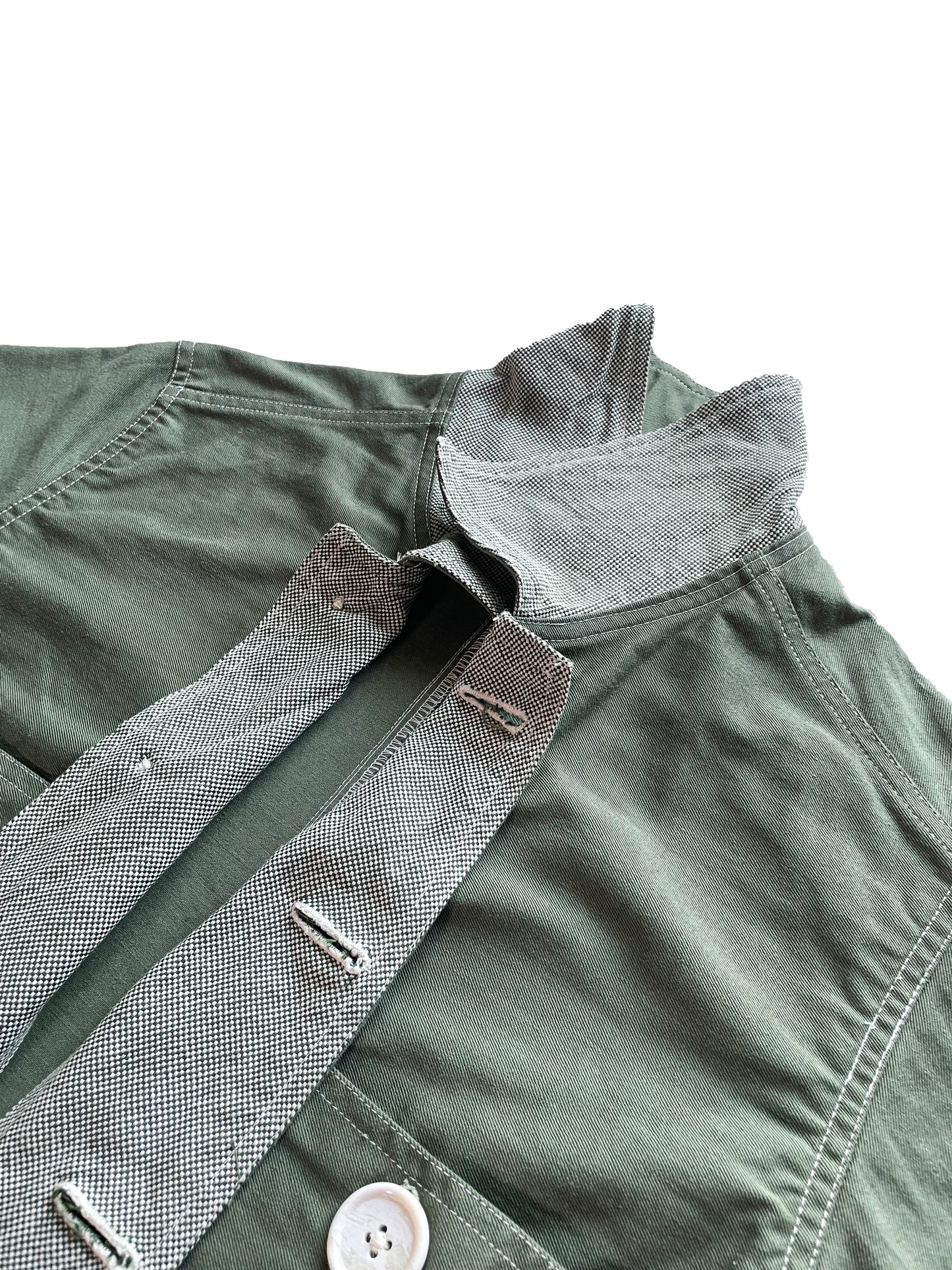 Uramasari Worker Long Coat – GREEN Twill / Monochrome Grid Accent
