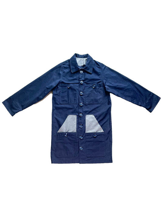 Uramasari Worker Long Coat – EURO BLUE Twill / Monochrome Grid Accent