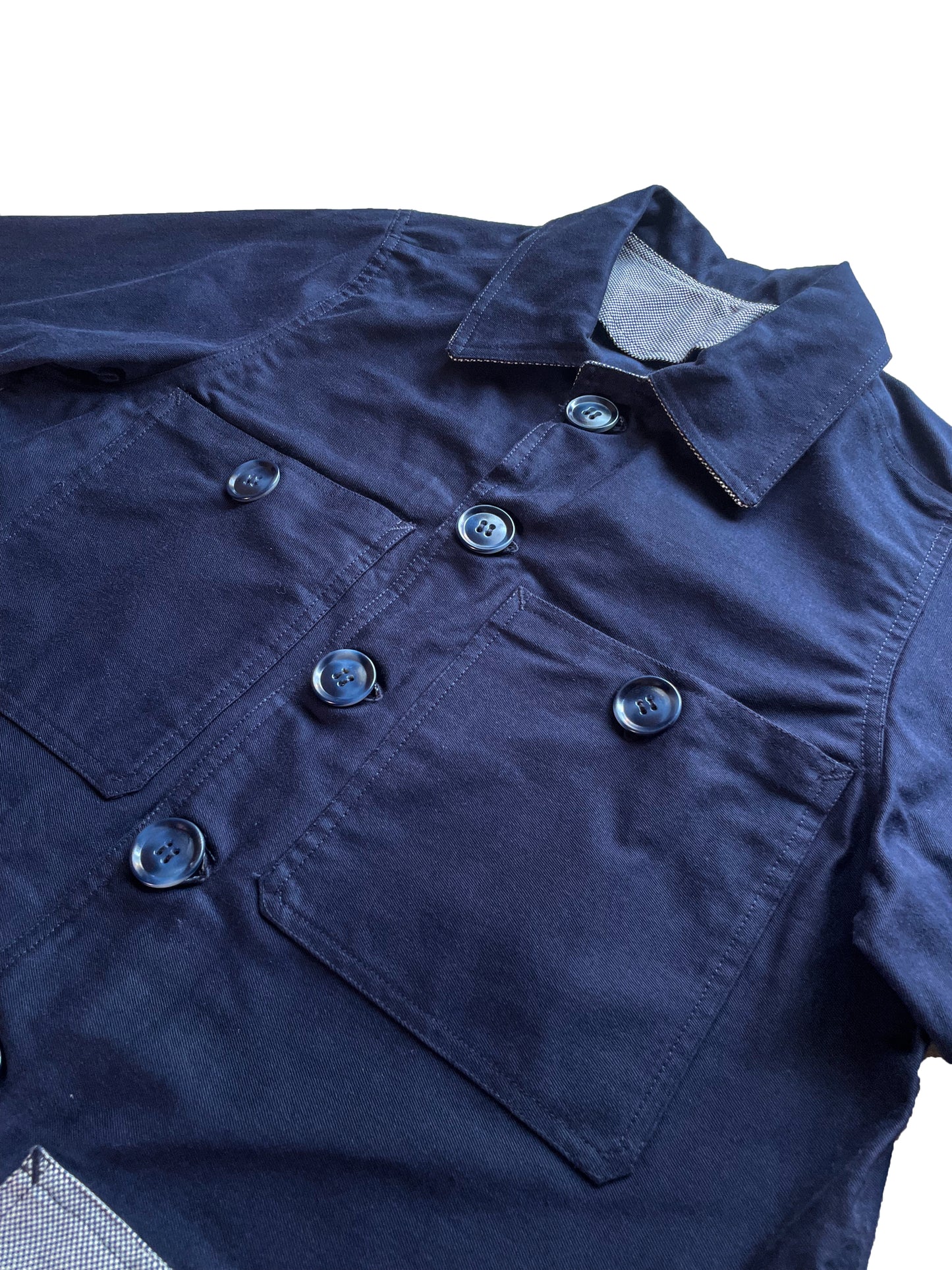 Uramasari Worker Long Coat – EURO BLUE Twill / Monochrome Grid Accent