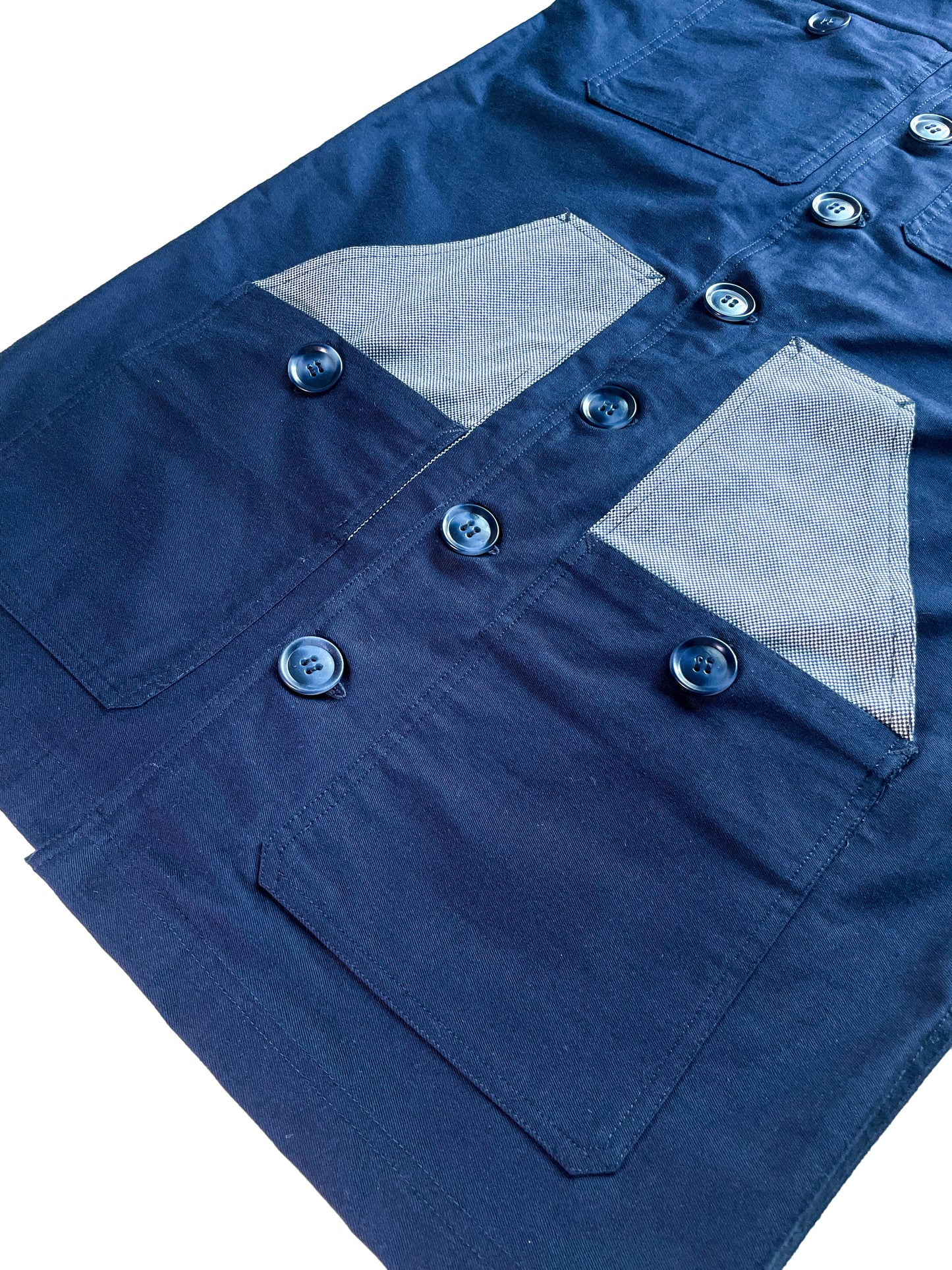 Uramasari Worker Long Coat – EURO BLUE Twill / Monochrome Grid Accent