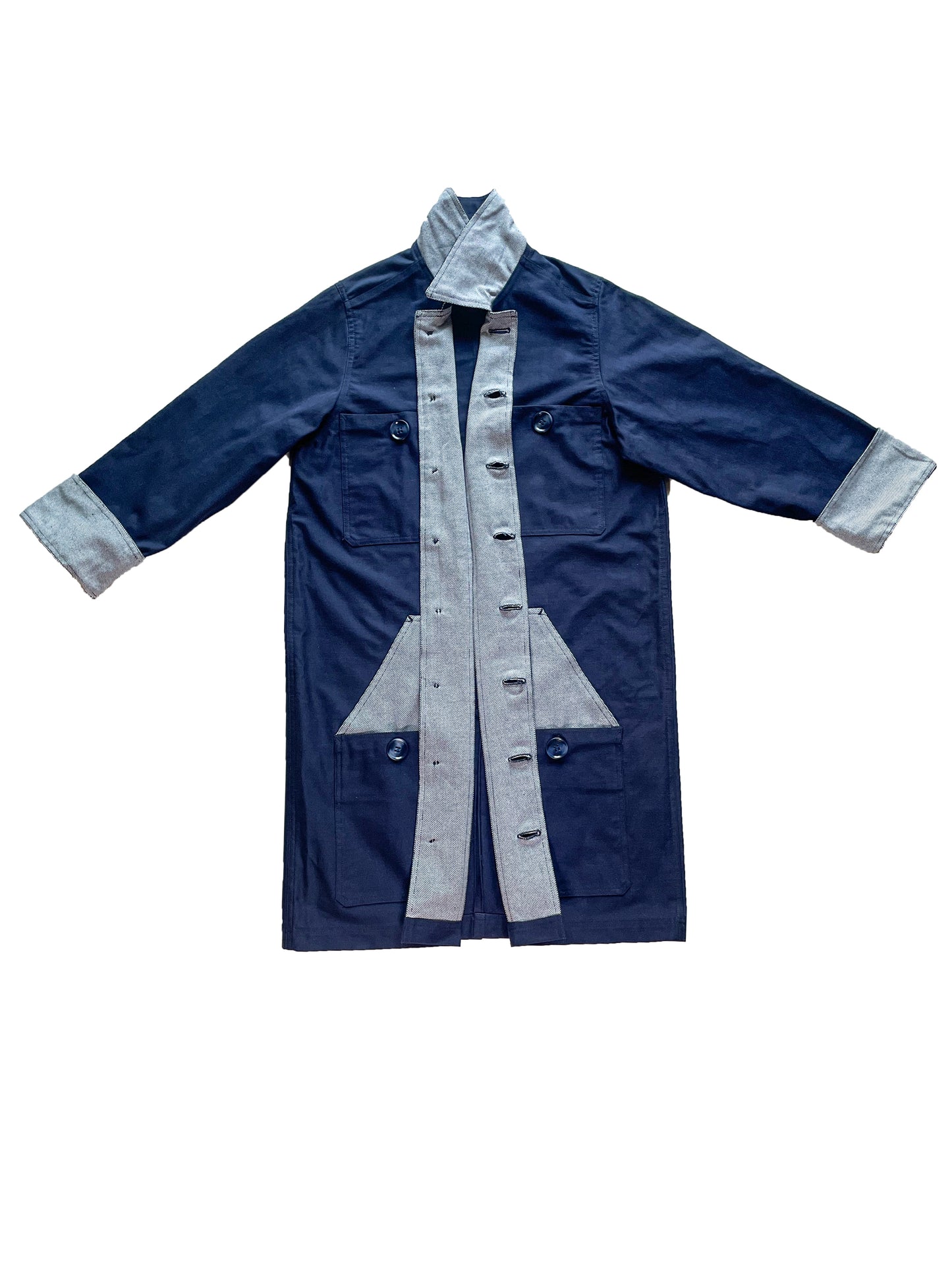 Uramasari Worker Long Coat – EURO BLUE Twill / Monochrome Grid Accent