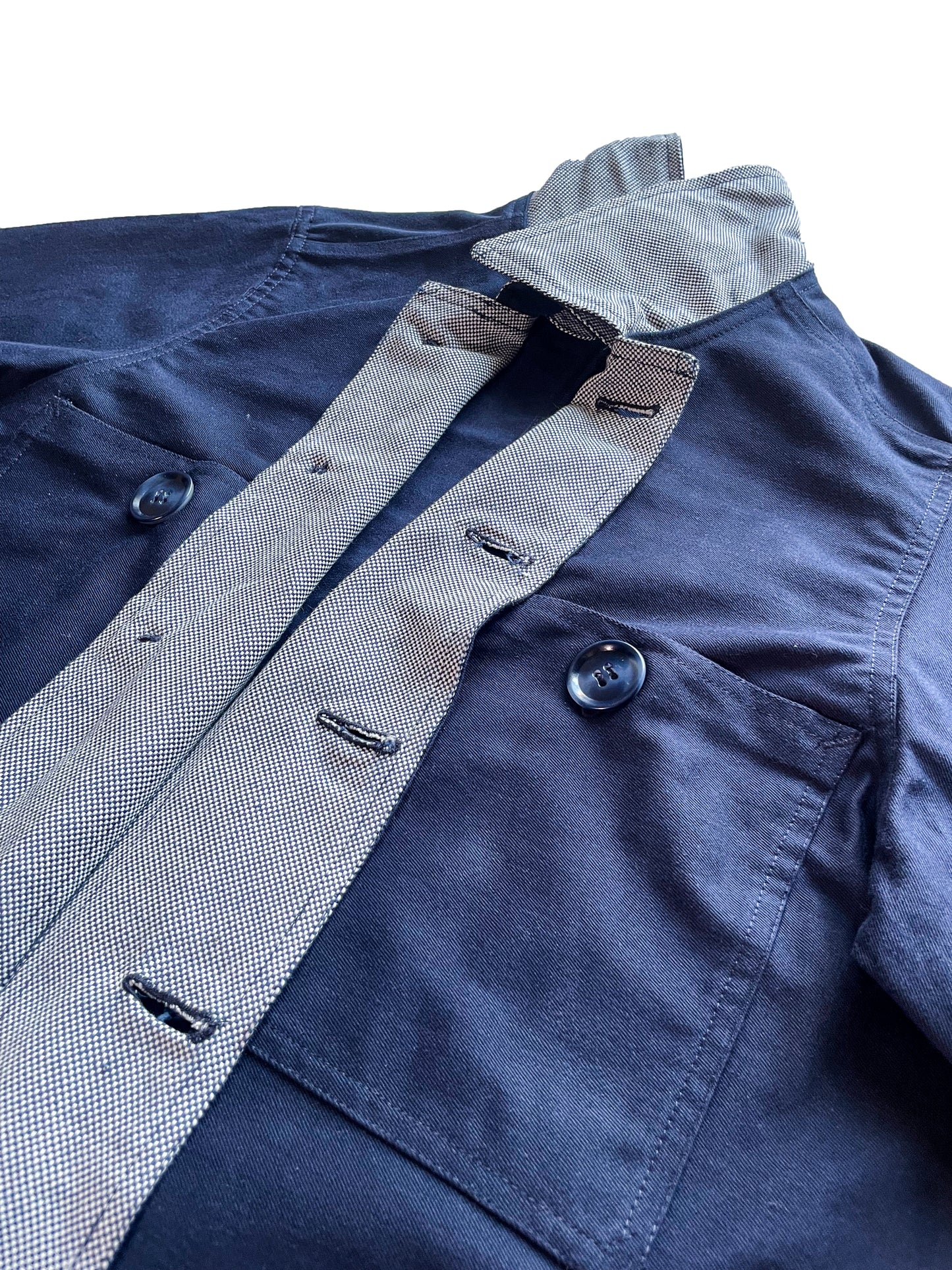 Uramasari Worker Long Coat – EURO BLUE Twill / Monochrome Grid Accent