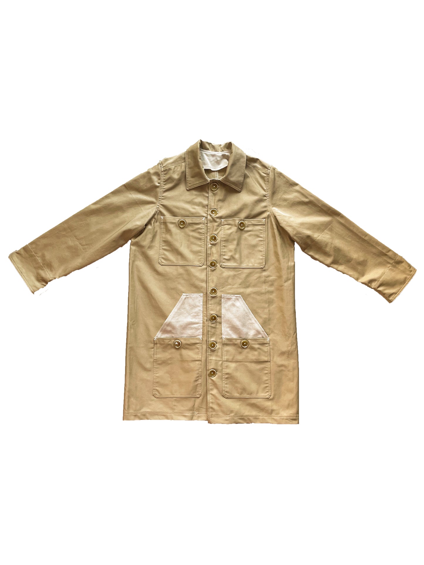 Uramasari Worker Long Coat – CHINO BEIGE Twill / Monochrome Grid Accent