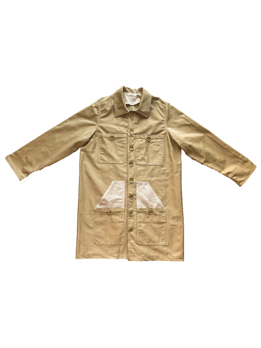 Uramasari Worker Long Coat – CHINO BEIGE Twill / Monochrome Grid Accent