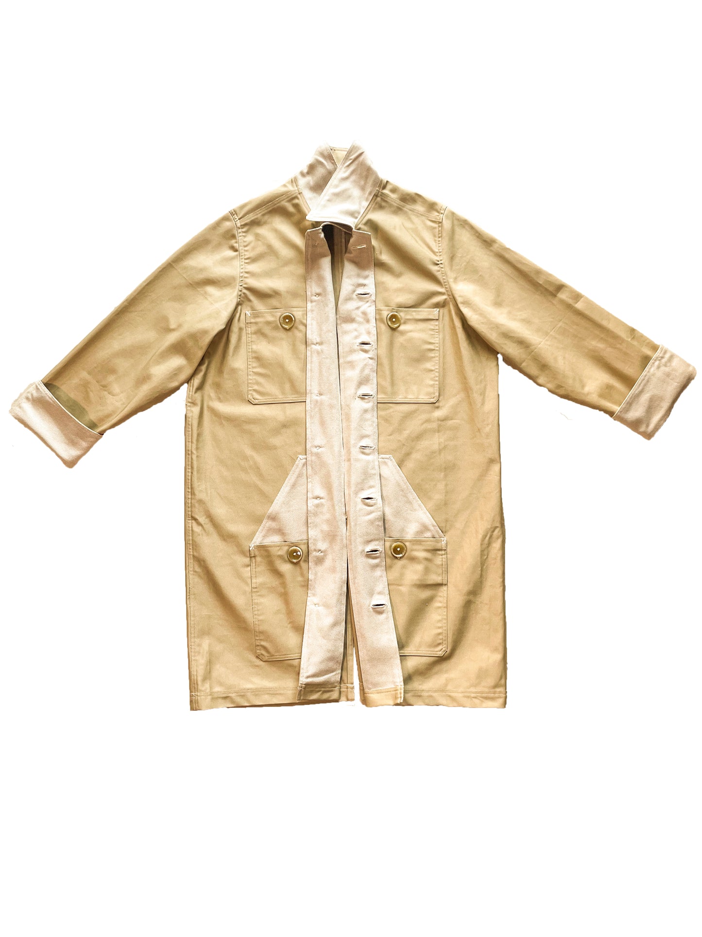Uramasari Worker Long Coat – CHINO BEIGE Twill / Monochrome Grid Accent