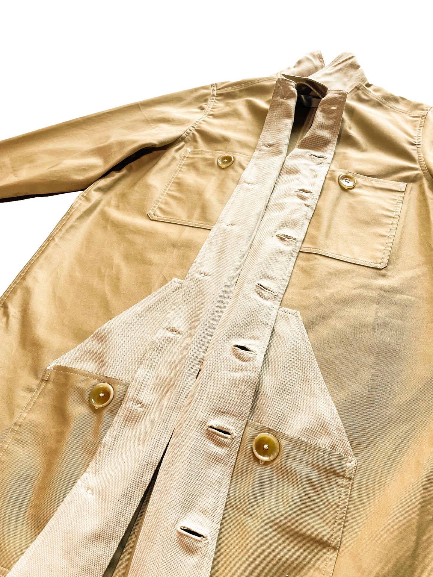 Uramasari Worker Long Coat – CHINO BEIGE Twill / Monochrome Grid Accent